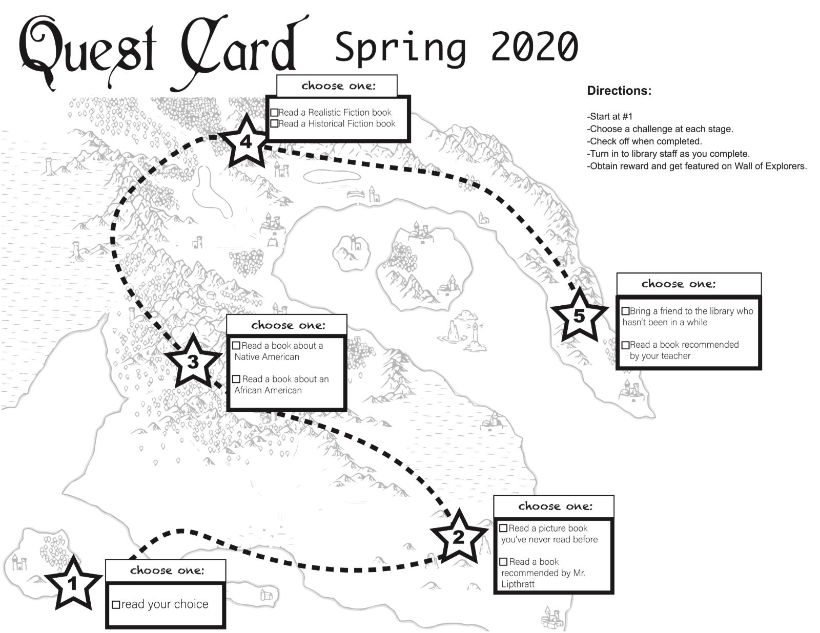 The Spring 2020 Quest Card: a hand-drawn fantasy map with five numbered stars, each with a choose-one reading challenge, ending with getting featured on the Wall of Explorers.