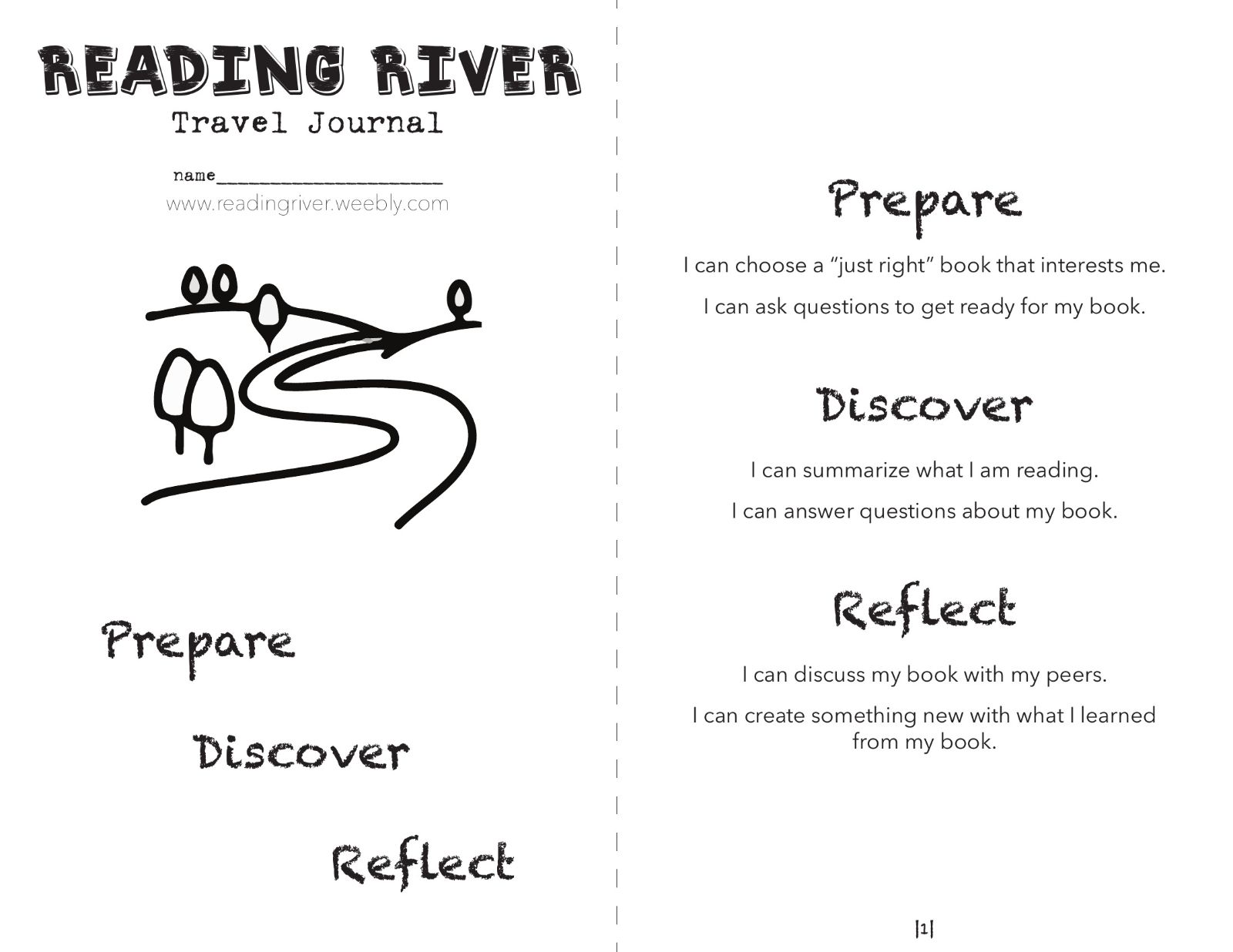 Two pages of the Reading River Travel Journal: a cover with a winding river drawing and a page listing Prepare, Discover, and Reflect with two I-can statements each.