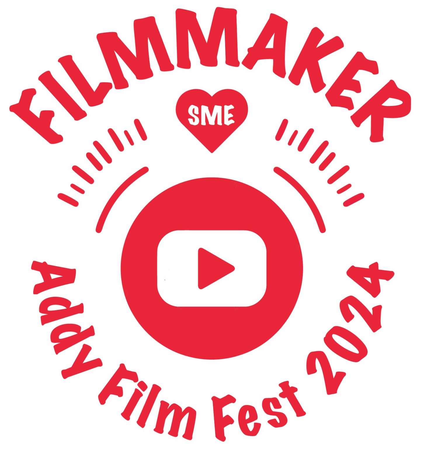 A red circular Filmmaker logo with a play button and a heart reading SME, ringed by the words Addy Film Fest 2024.