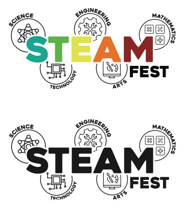 The STEAM Fest logo in color and in black, with circled icons for science, technology, engineering, arts, and mathematics.