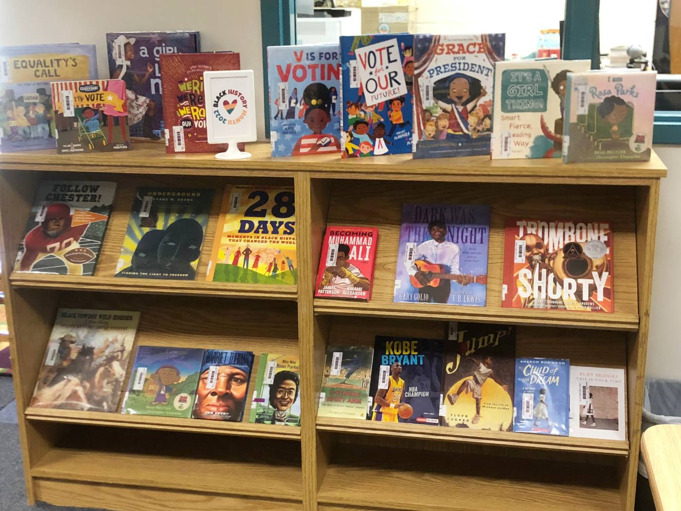 A display of picture books about voting and civil rights along a shelf top, with a framed Black History Month sign.
