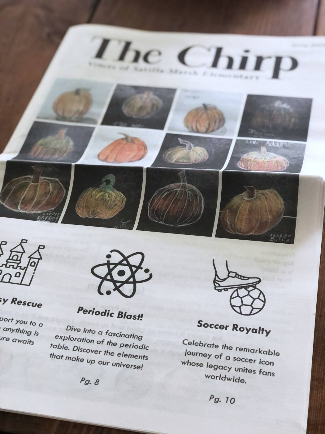 The front page of The Chirp, Voices of Satilla Marsh Elementary, with a grid of twelve student pumpkin drawings.