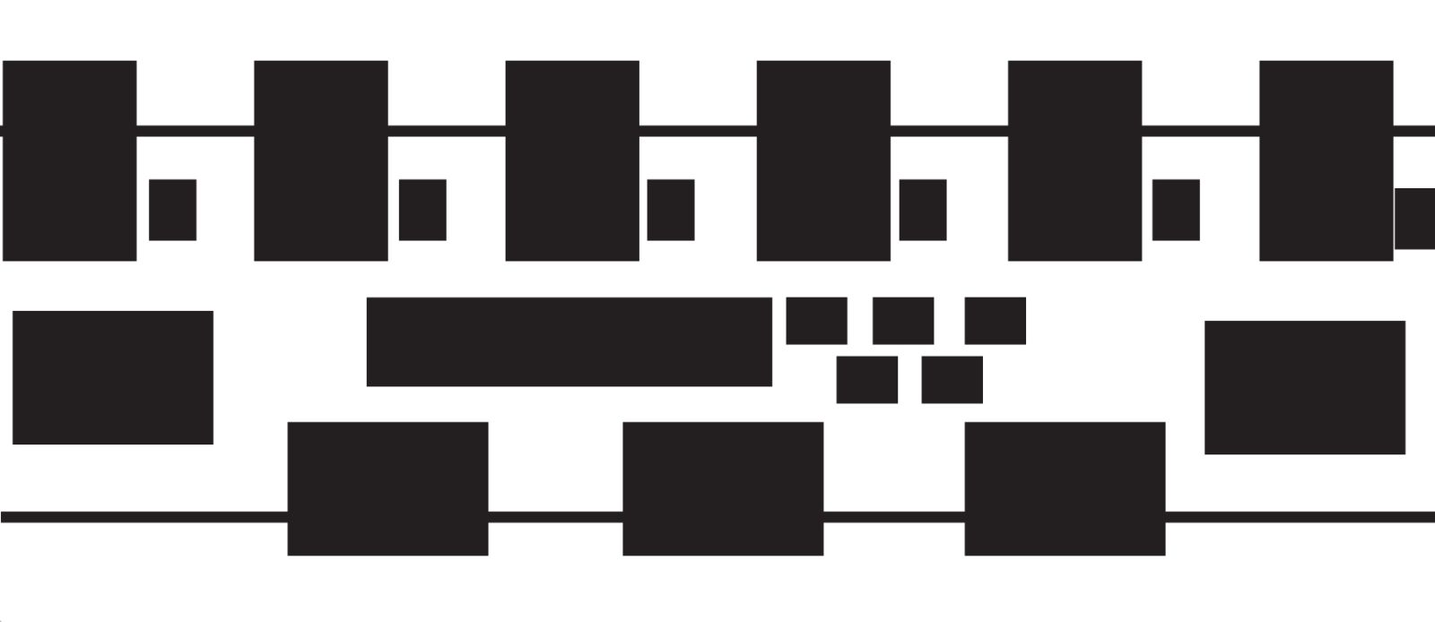 The Illustrator layout in black rectangles: a top row of tall poster frames each with a small card, a long banner with three small cards over two beside it, and wide frames along the bottom.
